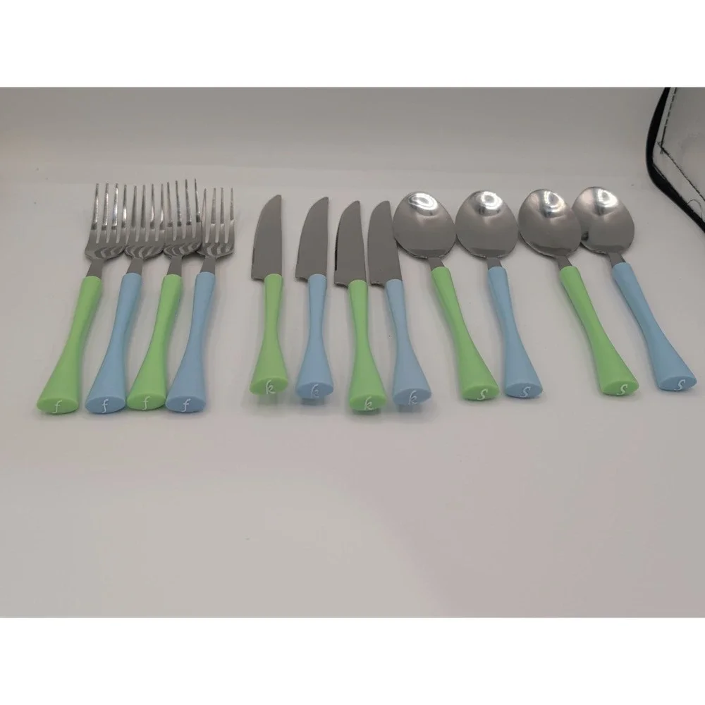 12pc Stainless Steel Flatware Set Mint Green Sky Blue Forks Knives Spoons